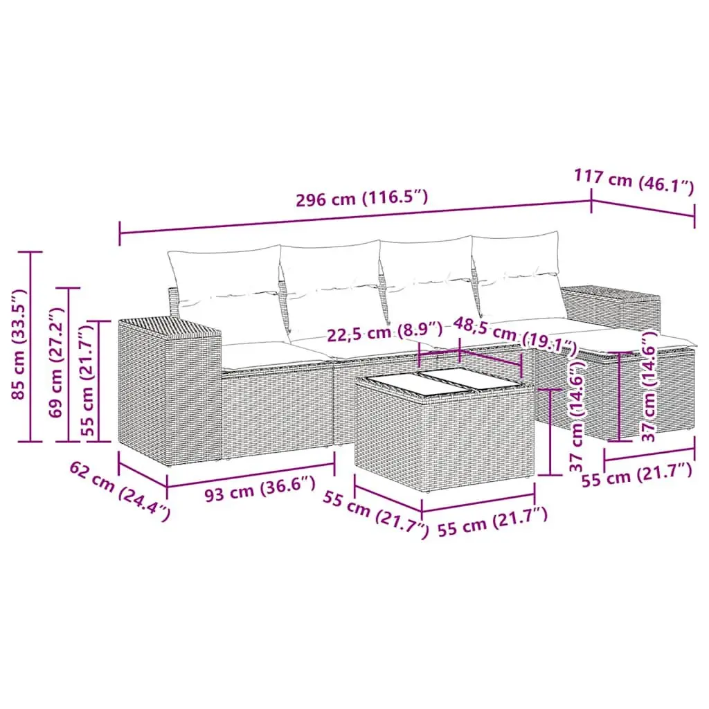 Garden Sofa Set PE Rattan 6 Piece Grey Outdoor Furniture Modular Patio Lounge