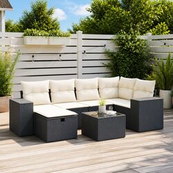 7-Piece Black Poly Rattan Garden Sofa Set with Cushions
