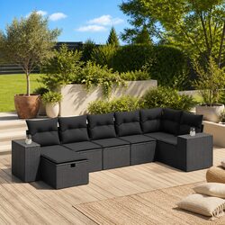 Durable 7 Piece Black Poly Rattan Garden Sofa Set