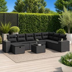 9 Piece Black Poly Rattan Garden Sofa Set for Outdoors