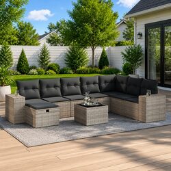 9 Piece Grey Poly Rattan Garden Sofa Set for Outdoors