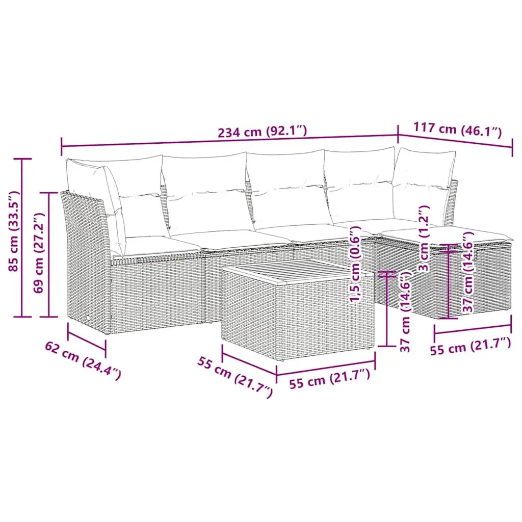 6 Piece Grey Poly Rattan Garden Sofa Set