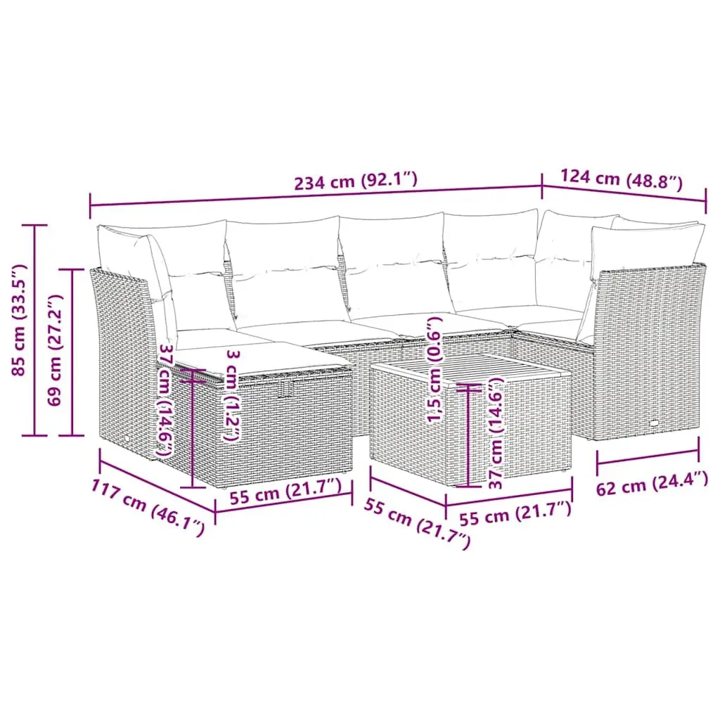 Garden Sofa Set PE Rattan 7 Piece Modular Outdoor Furniture Grey