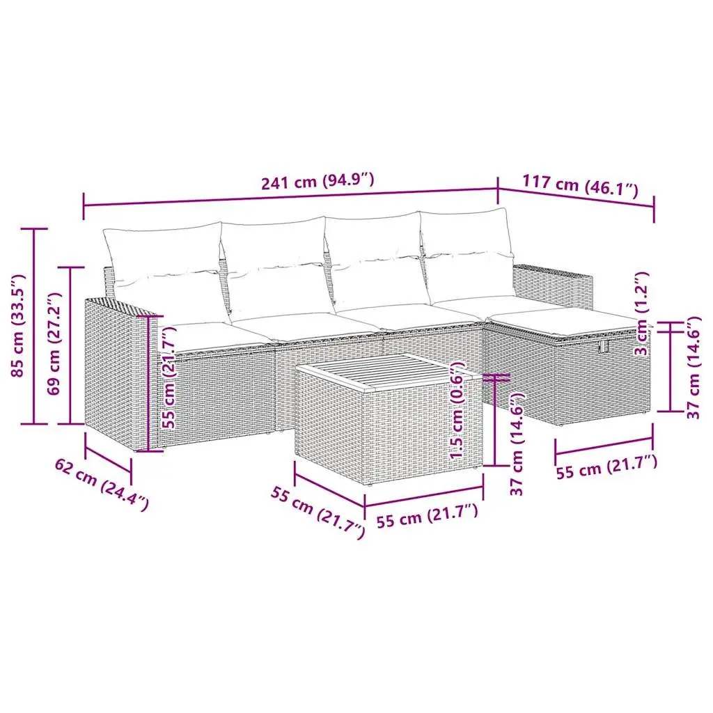 Garden Sofa Set PE Rattan 6 Piece Modular Outdoor Furniture Grey