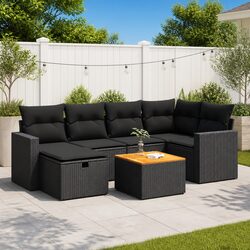 7 Piece Modular Patio Lounge Set in Black Poly Rattan
