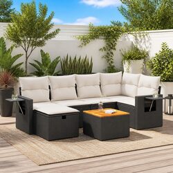 7-Piece Modular Black Poly Rattan Garden Sofa Set