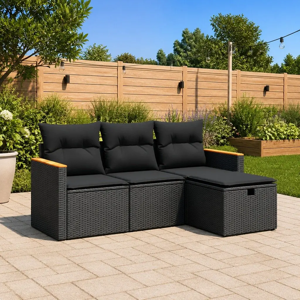 4 Piece Black Modular Garden Sofa Set with Cushions