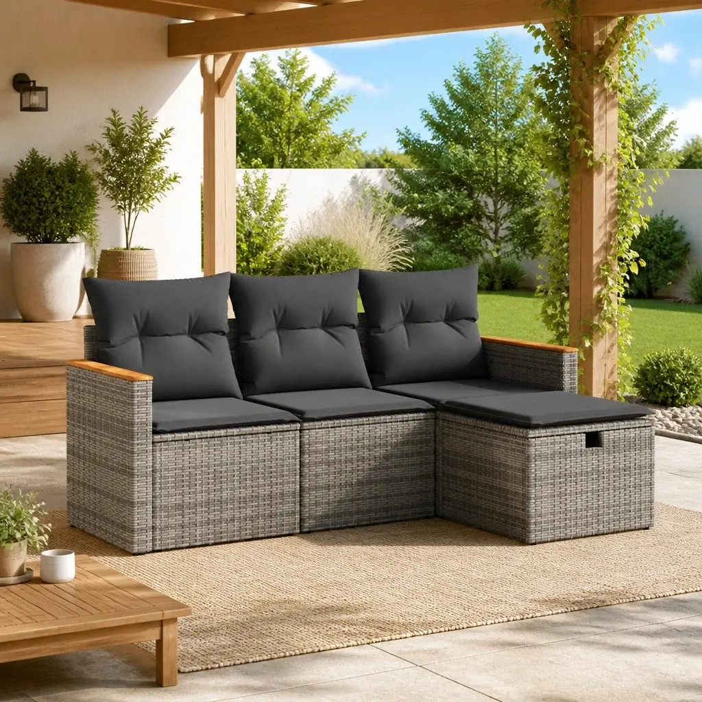 Garden Sofa Set PE Rattan 4 Piece Outdoor Furniture Grey with Cushions