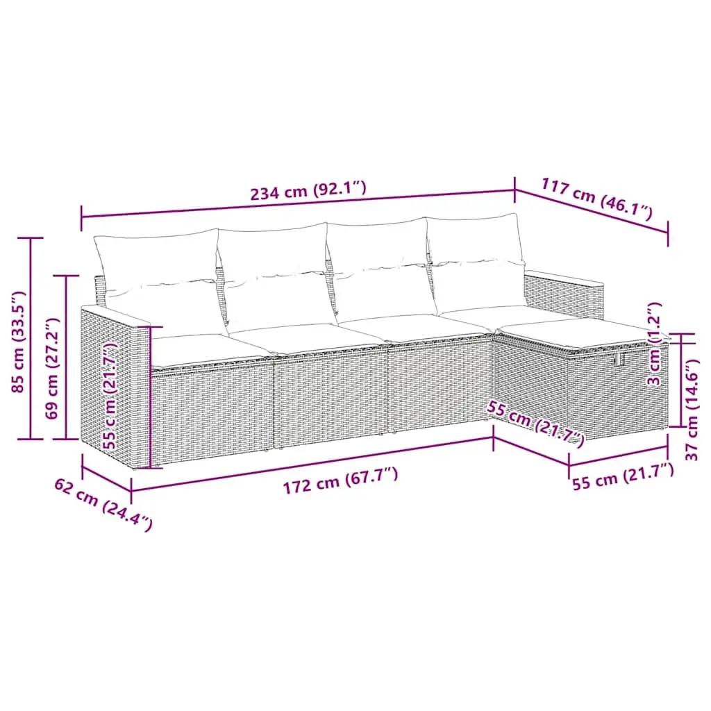 Garden Sofa Set PE Rattan 5 Piece Black Outdoor Furniture