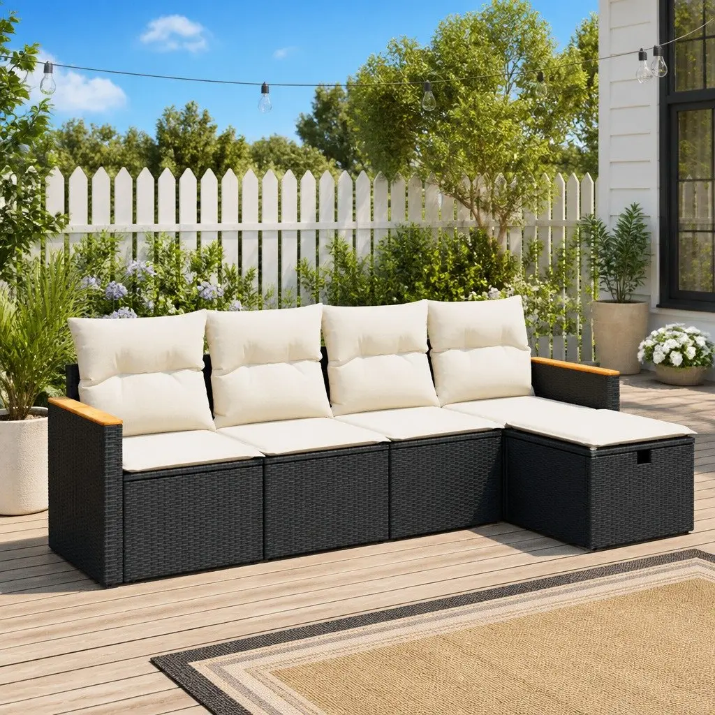 5 Piece Black Poly Rattan Garden Sofa Set