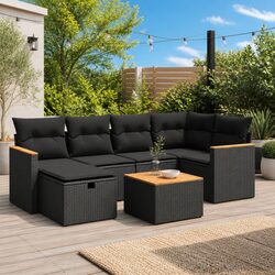Durable 7 Piece Black Rattan Garden Sofa Set with Cushions