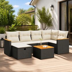 Black Modular Garden Sofa Set 7 Pieces with Cushions