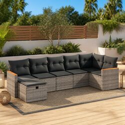 Durable 7-Piece Garden Sofa Set in Grey Poly Rattan