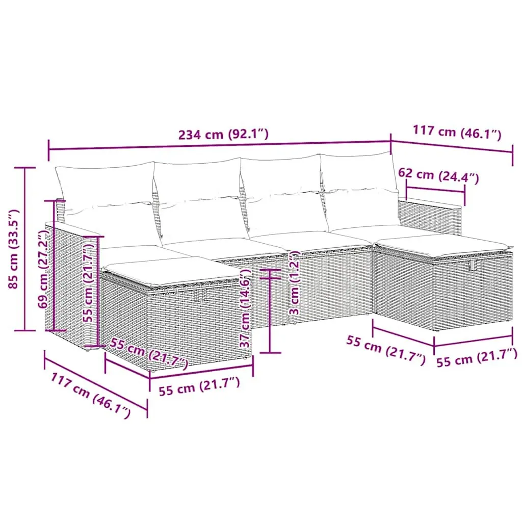 6-Piece Garden Sofa Set in Black Rattan