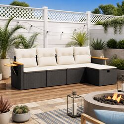 Durable 5 Piece Black Poly Rattan Outdoor Sofa Set