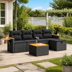 6-Piece Black Garden Sofa Set with Cushions