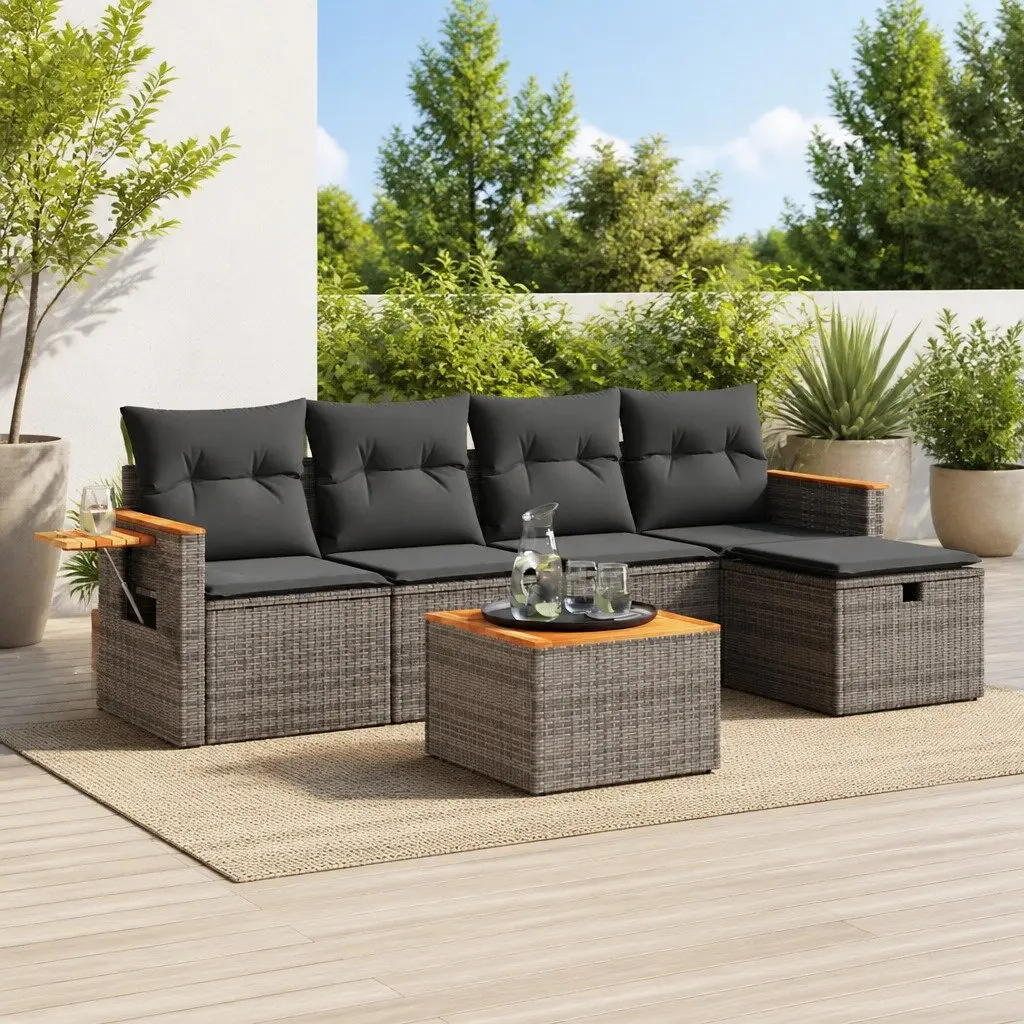 Garden Sofa Set PE Rattan 6 Piece Modular Outdoor Furniture Grey Patio Lounge