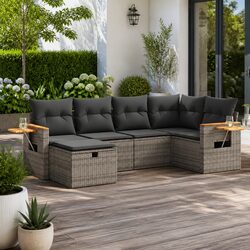 6-Piece Grey Poly Rattan Garden Sofa Set for Outdoor Use