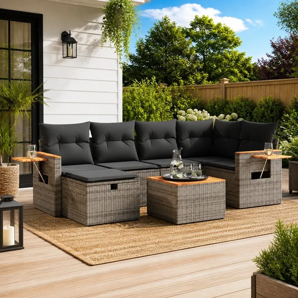 Garden Sofa Set PE Rattan 7 Piece Outdoor Furniture Grey Patio Lounge Seating