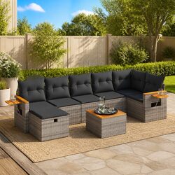 8-Piece Grey Poly Rattan Garden Sofa Set with Cushions