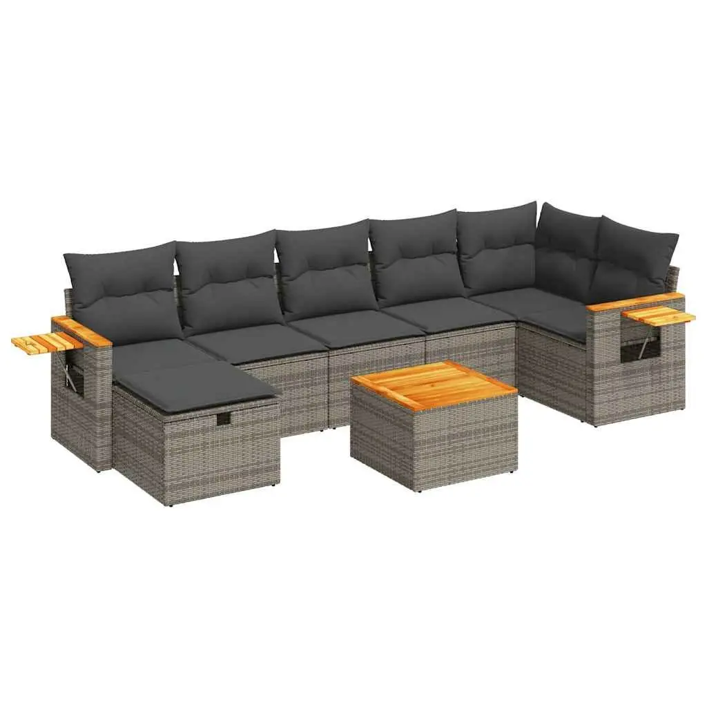 Outdoor Furniture Set 8 Piece Grey PE Rattan Seating with Cushions Acacia Wood Table