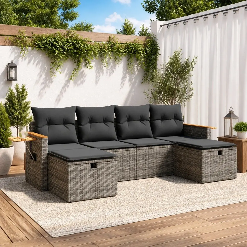 Garden Sofa Set Grey Poly Rattan 6 Piece Outdoor Furniture with Storage Cushions