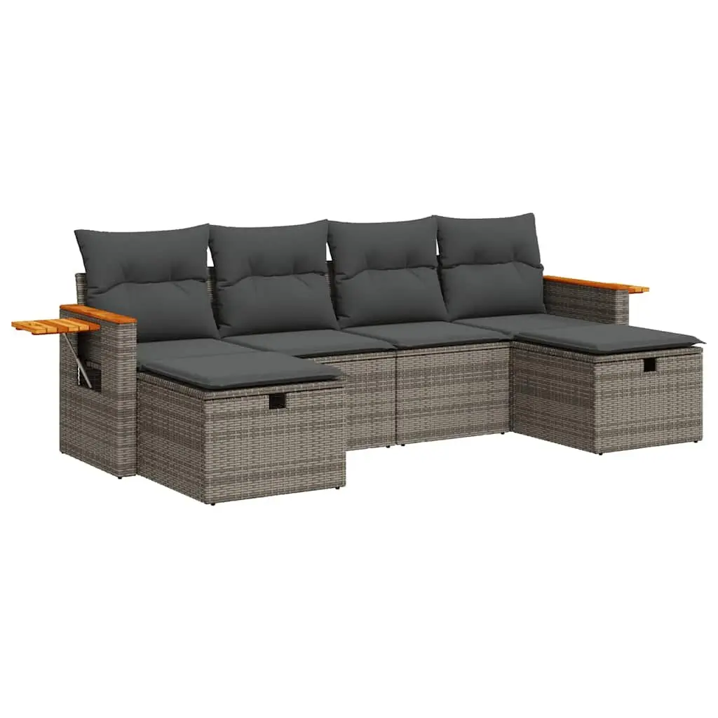 Garden Sofa Set Grey Poly Rattan 6 Piece Outdoor Furniture with Storage Cushions