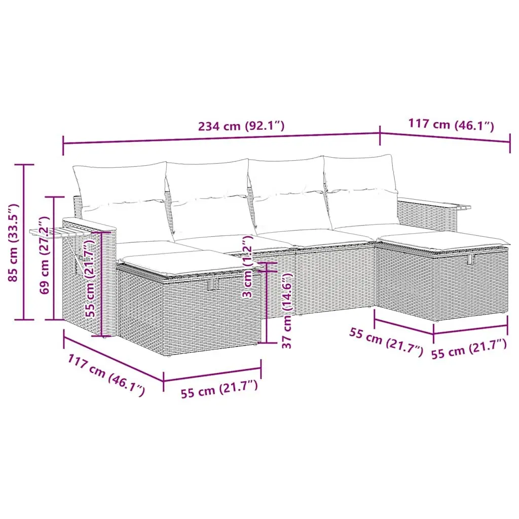 Garden Sofa Set Grey Poly Rattan 6 Piece Outdoor Furniture with Storage Cushions