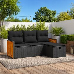4-Piece Black Poly Rattan Garden Sofa Set with Storage