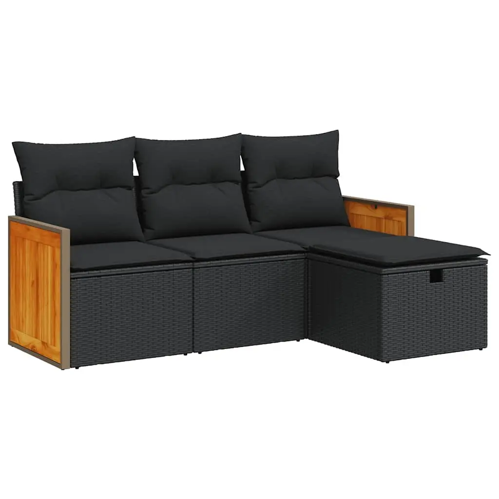 4-Piece Black Poly Rattan Garden Sofa Set with Storage