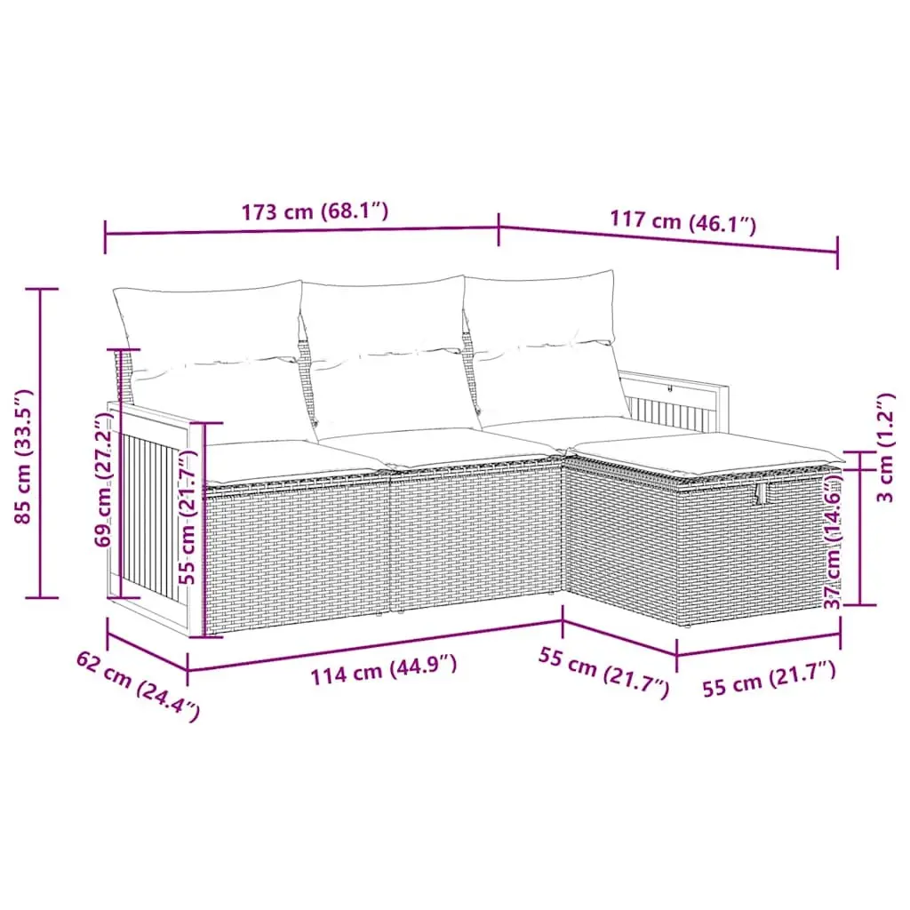 4-Piece Black Poly Rattan Garden Sofa Set with Storage