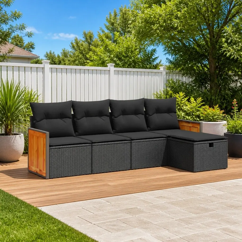 5-Piece Black Garden Sofa Set with Cushions and Storage