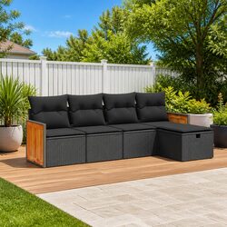 5-Piece Black Garden Sofa Set with Cushions and Storage
