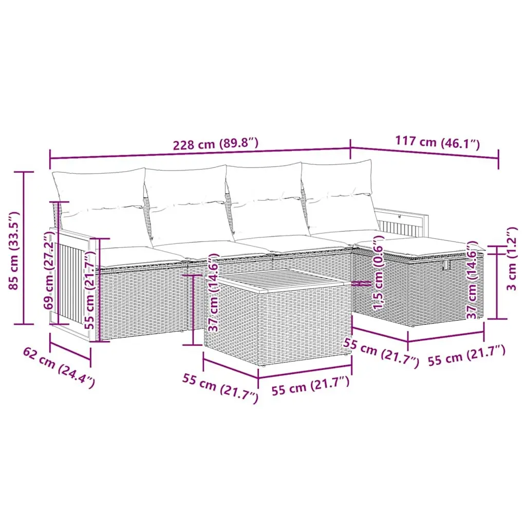 Garden Sofa Set Poly Rattan 6 Piece Grey Outdoor Furniture with Storage Cushions