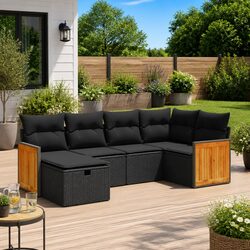 Black Poly Rattan 6-Piece Garden Sofa Set with Cushions