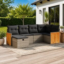 6-Piece Grey Poly Rattan Garden Sofa Set with Cushions