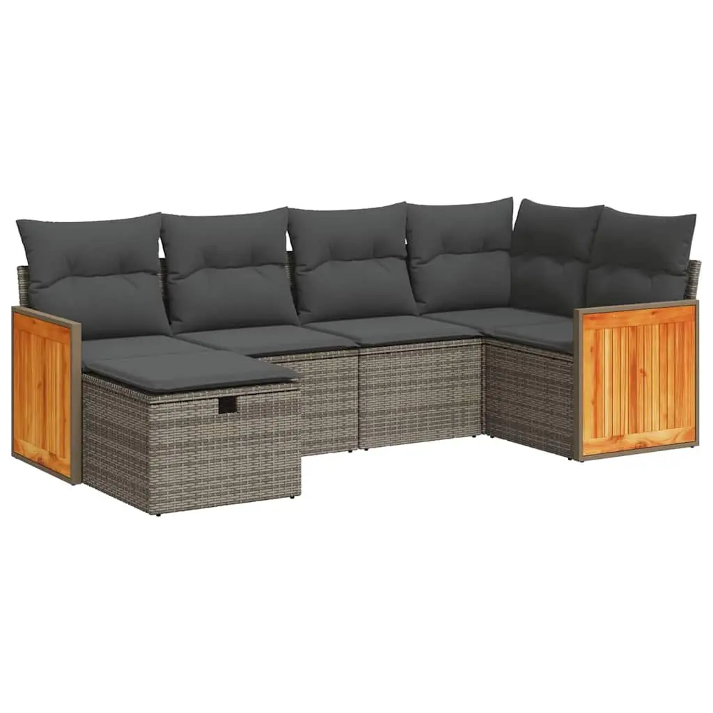 6-Piece Grey Poly Rattan Garden Sofa Set with Cushions