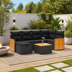 Premium 7 Piece Black Garden Sofa Set with Cushions