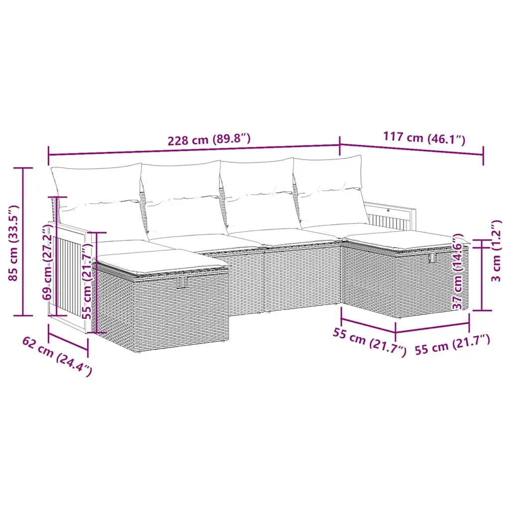 Garden Sofa Set PE Rattan 6 Piece Outdoor Furniture Black Poly