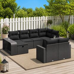 10-Piece Black Poly Rattan Garden Sofa Set