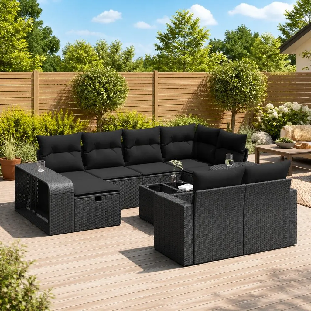 Garden Sofa Set 11 Piece PE Rattan Powder Coated Steel Black Outdoor Furniture