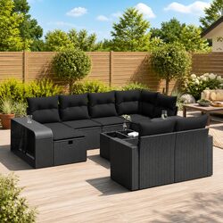 Black Poly Rattan 11-Piece Garden Sofa Set with Storage