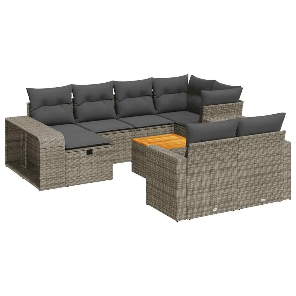 11 Piece Garden Sofa Set Grey PE Rattan Outdoor Furniture with Acacia Wood Table Top and Powder Coated Steel Frame