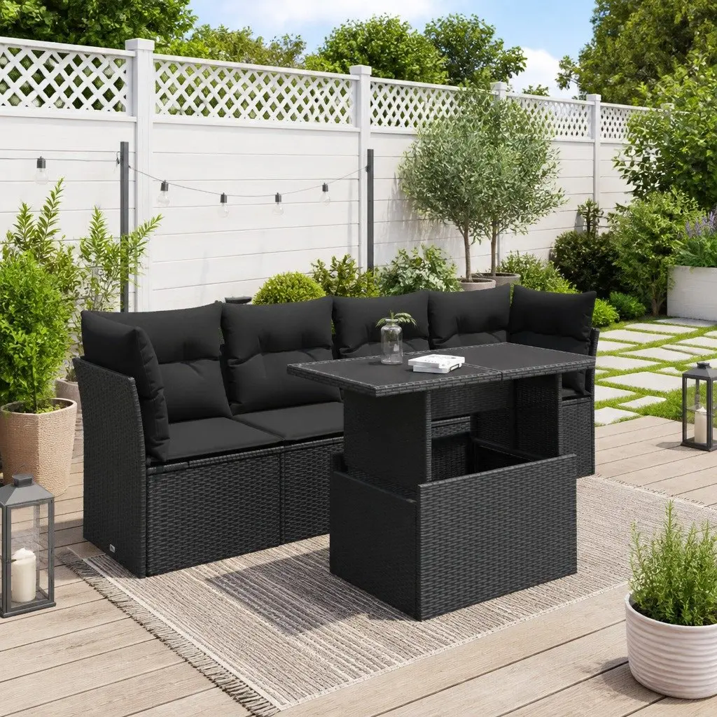 5 Piece Outdoor Garden Sofa Set PE Rattan Powder-coated Steel Black
