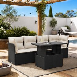 Durable 5-Piece Black Poly Rattan Outdoor Sofa Set