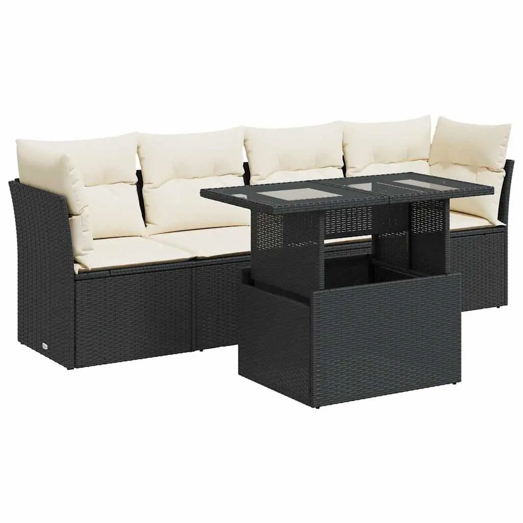 5 Piece Outdoor Sofa Set PE Rattan Black Patio Furniture with Cushions