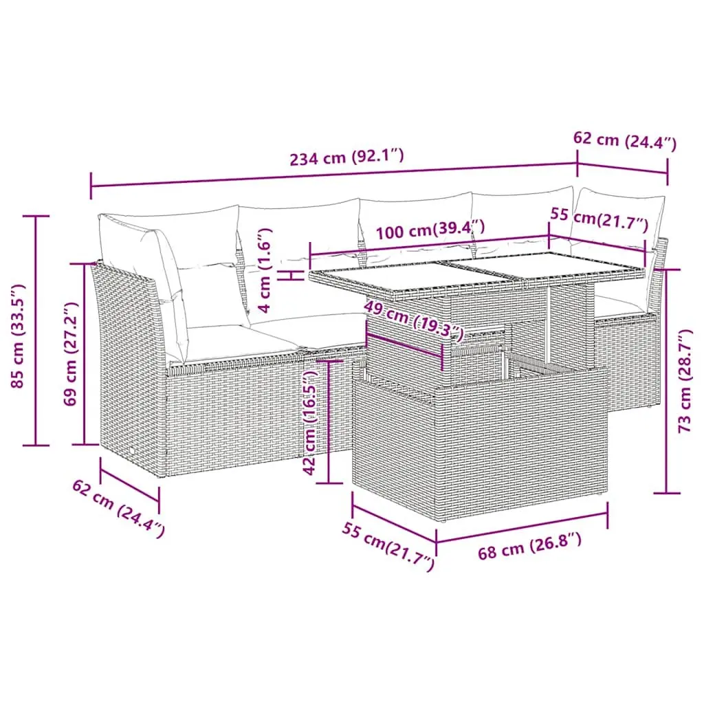 5 Piece Outdoor Sofa Set PE Rattan Black Patio Furniture with Cushions