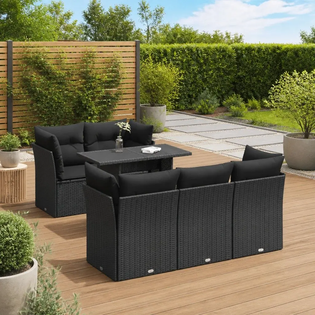 Garden Sofa Set PE Rattan Powder-coated Steel 6 Piece Black Outdoor Patio Furniture