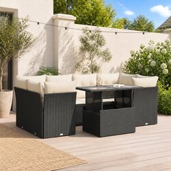 Sturdy 7 Piece Garden Sofa Set with Cushions - Black