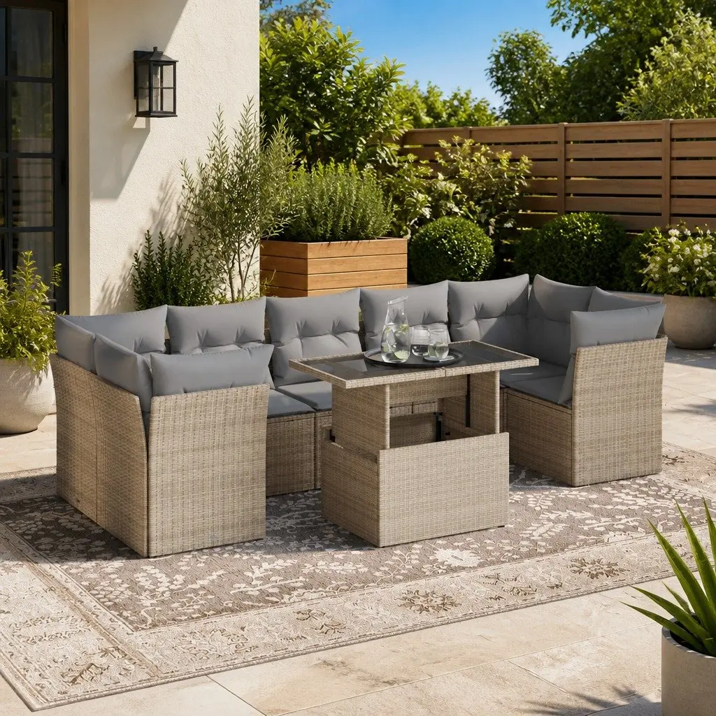 Garden Sofa Set 8 Piece PE Rattan Powder-coated Steel Beige Outdoor Furniture